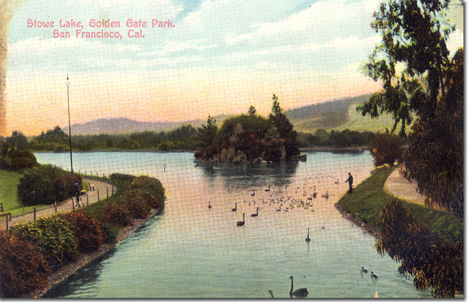 Historic stow lake photo with the island in the middle.