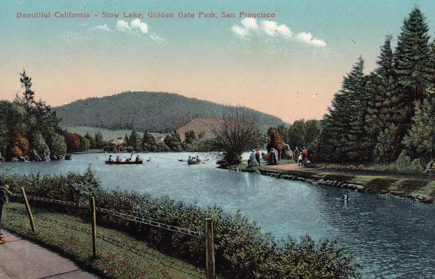 Historic image of stow lake with boats on the lake.